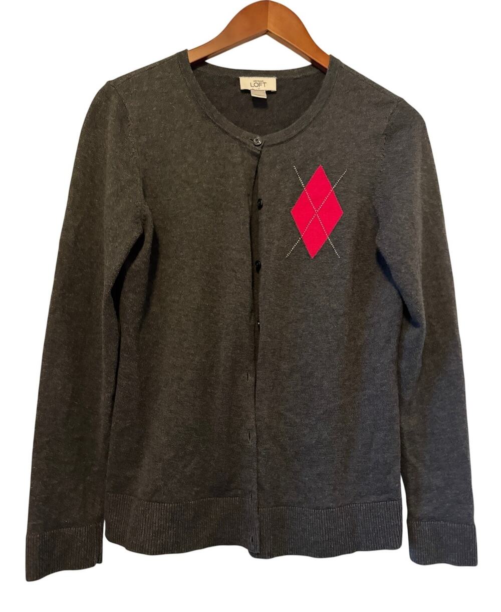 Loft Modern Cardigan in Dark Gray with Argyle Pink Detail, Size M
